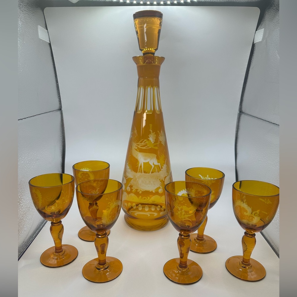 13 3/4" High Bohemian/Czech Cut To Clear Decanter With Stag & 6 Stems.